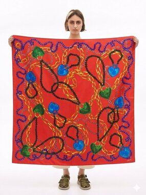 Bimba y Lola Silk Scarf Heart Chain Red Statement Square